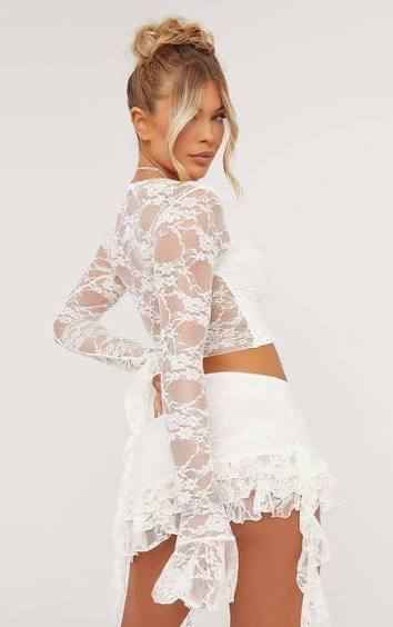 Ego - Long Sleeve Frill Detail Lace Up Front Crop Top In White Lace