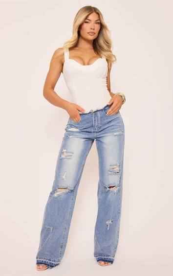 Ego - Plunge Neck Corset Bodysuit In White