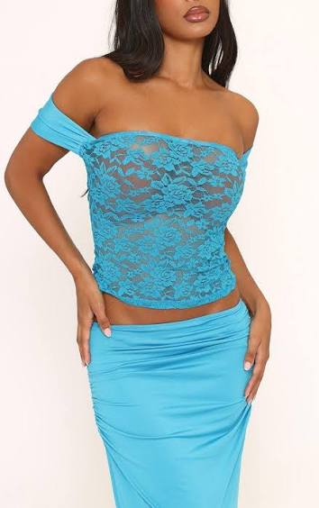 Ego - Bardot Contrast Lace Top And Maxi Skirt Co-Ord Set In Blue Slinky SET