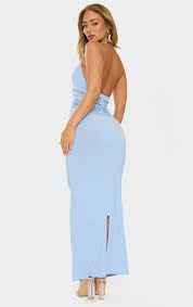 Ego - Plunge Lace Insert Detail Maxi Dress In Blue
