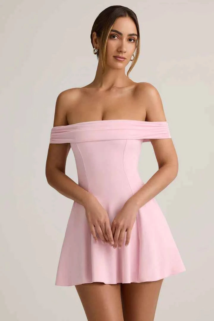 Ohpolly - Modal Off-Shoulder A-Line Mini Dress in Baby Pink