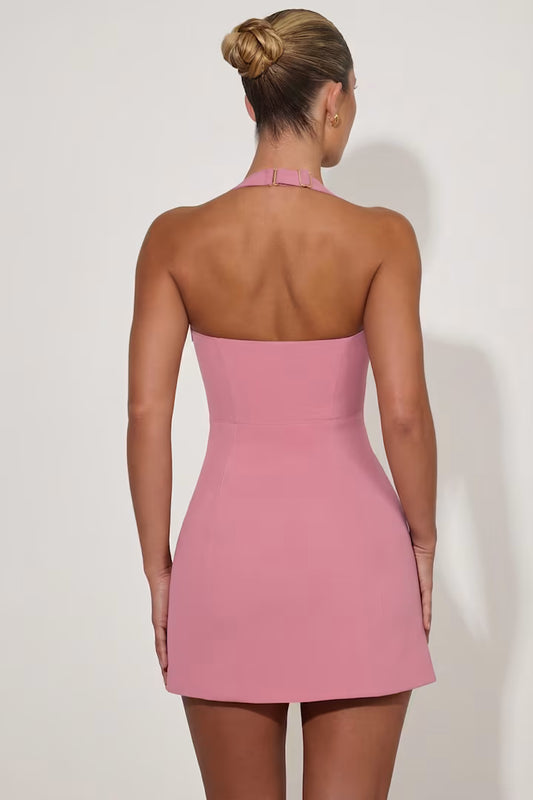 Ohpolly Heart-Detail Halterneck A-Line Mini Dress in Dusty Pink