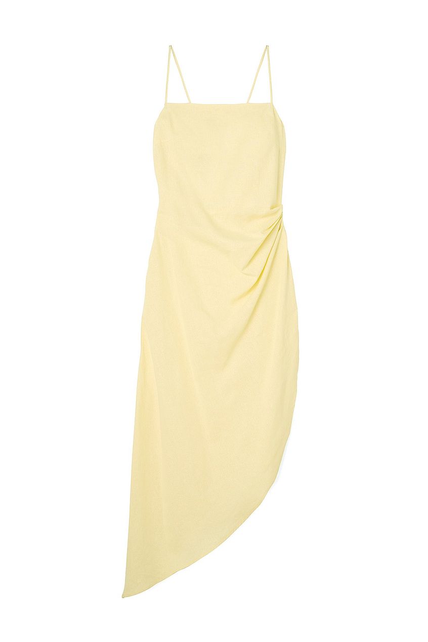 Linen Blend Asymmetric Open Back Midi Dress