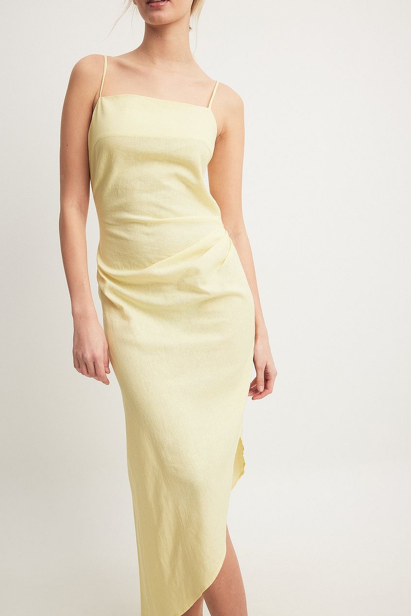 Linen Blend Asymmetric Open Back Midi Dress