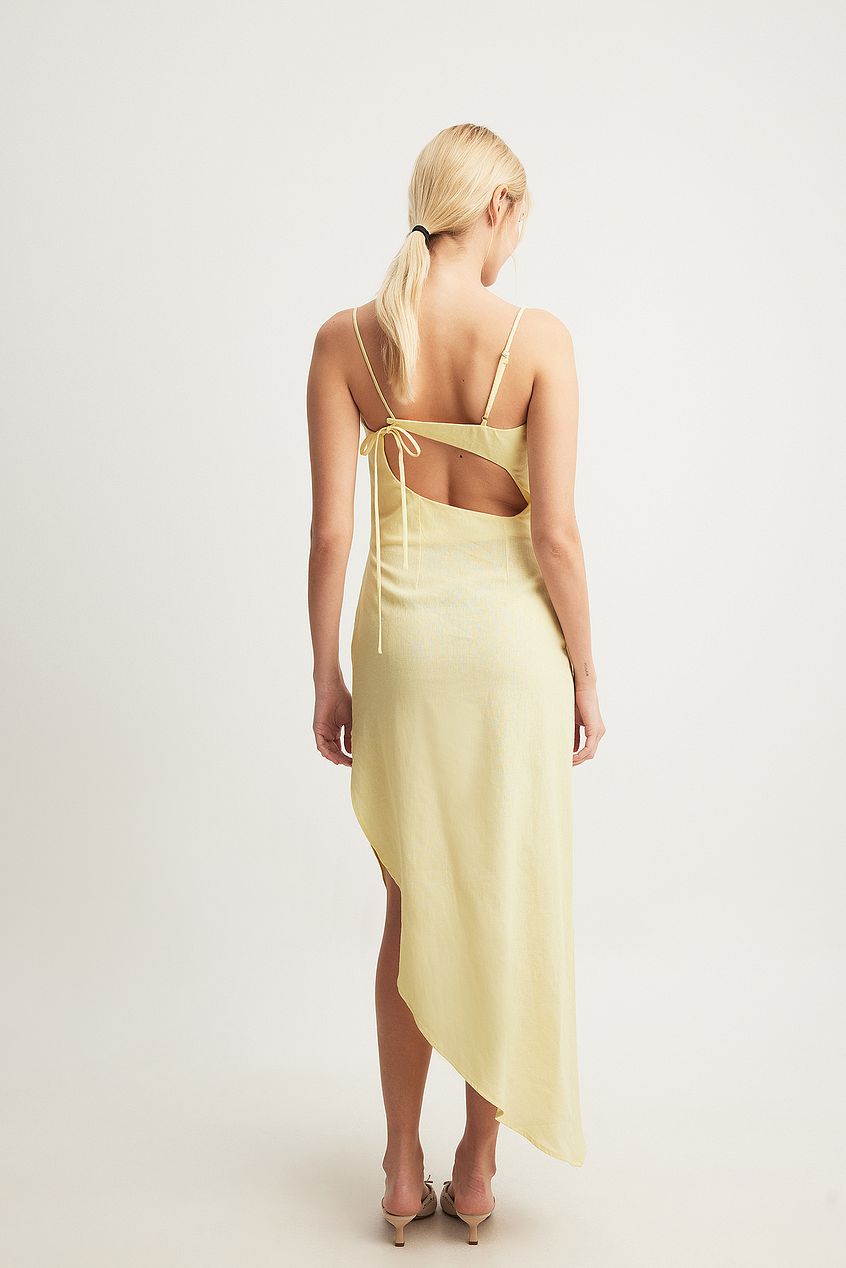Linen Blend Asymmetric Open Back Midi Dress