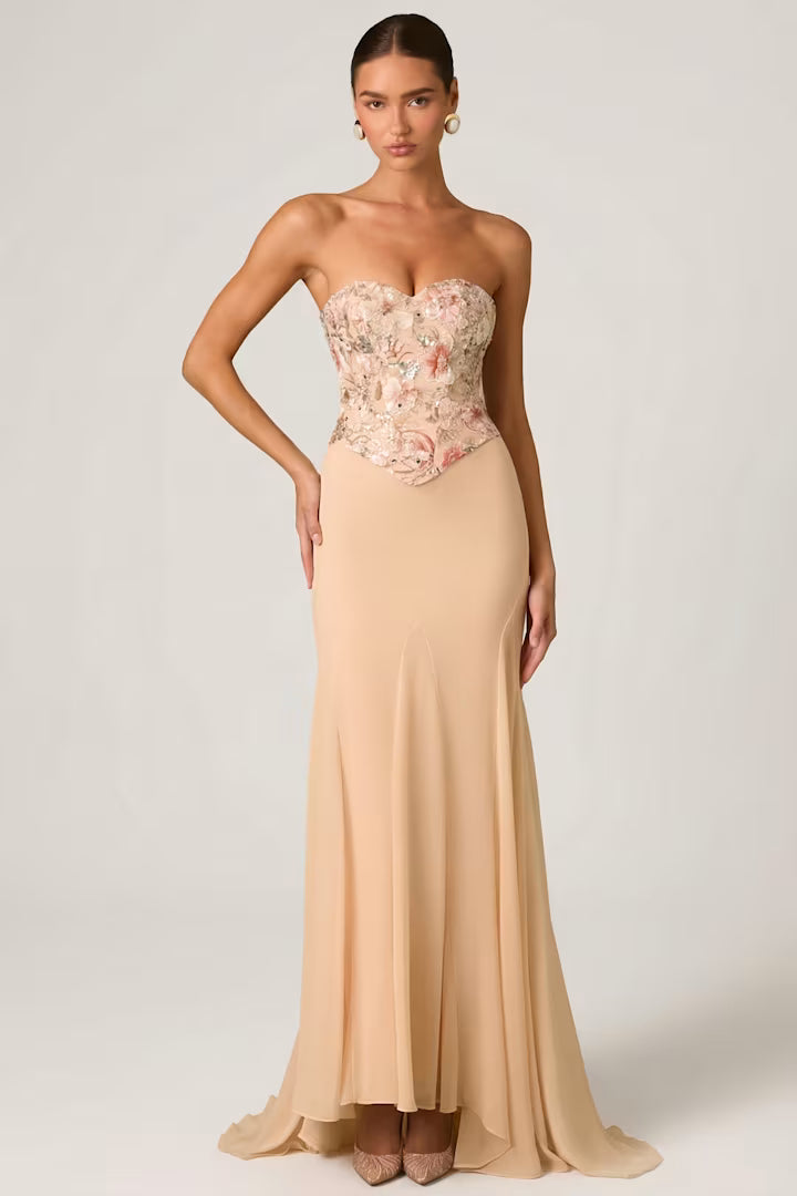 OhPolly - Embellished Corset Fishtail Gown in Floral Beige