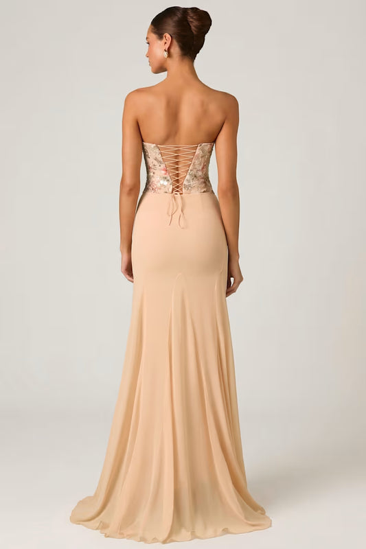OhPolly - Embellished Corset Fishtail Gown in Floral Beige