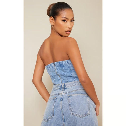 Plt - Acid Blue Wash Seam Detail Denim Corset Top