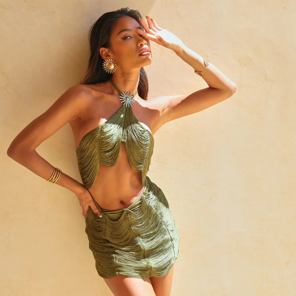 Halterneck Draped Tassel Detail Mini Dress In Green