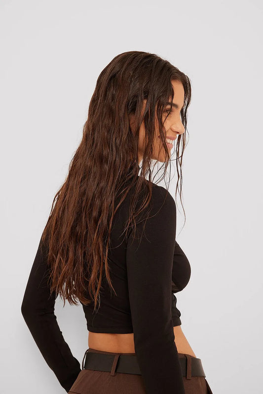 Cropped Mesh Detail Long Sleeve Top