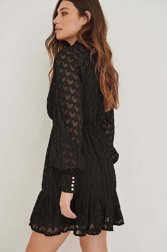 Frill Neck Jacquard Detail Mini Dress