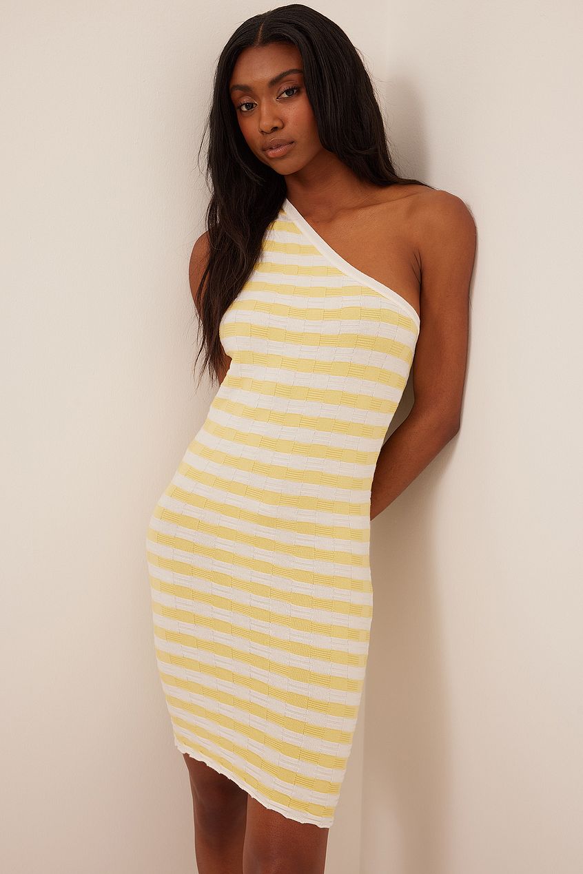 One Shoulder Fine Knitted Striped Mini Dress