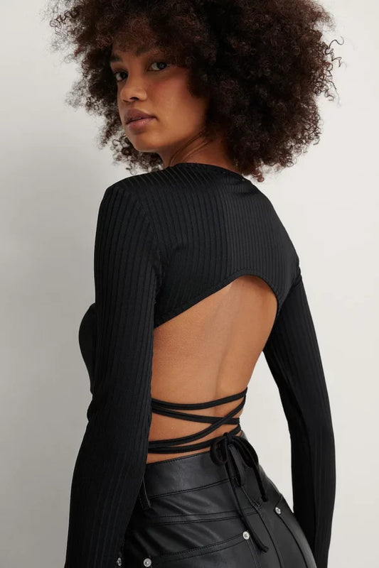 Open Back Rib Lace Detail Top Black