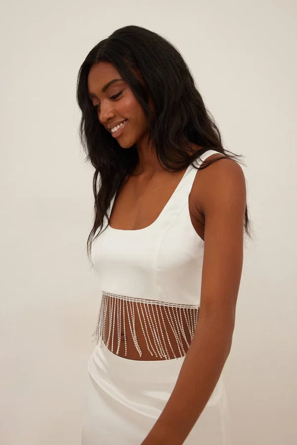 Fringed Mini Rhinestone Skirt & Rhinestone Detail Satin Top SET