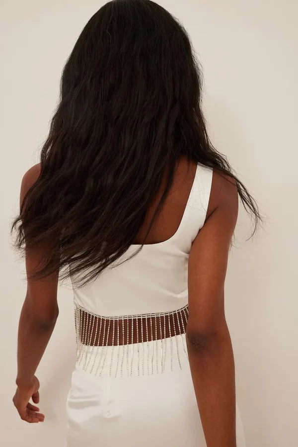 Fringed Mini Rhinestone Skirt & Rhinestone Detail Satin Top SET