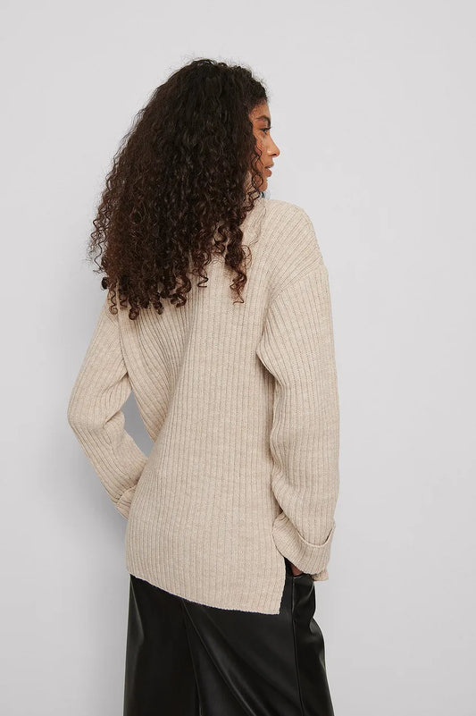 Ribbed Knitted Turtleneck Side Slit Sweater