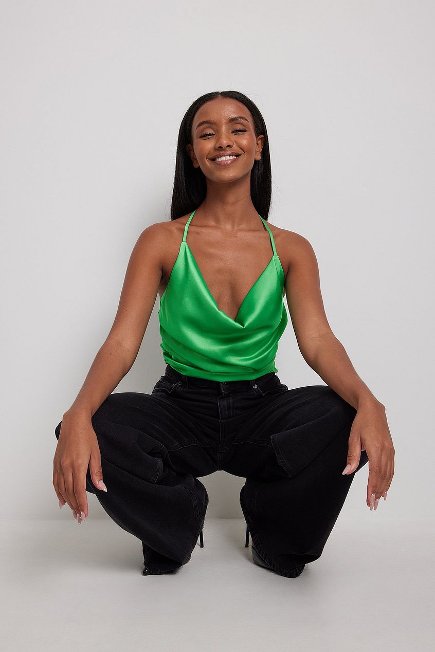 Satin V-neck Gathered Top
