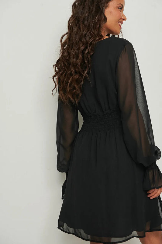 Smocked V-neck Mini Dress Black