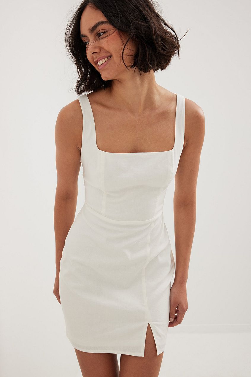 Square Neck Linen Mix Mini Dress