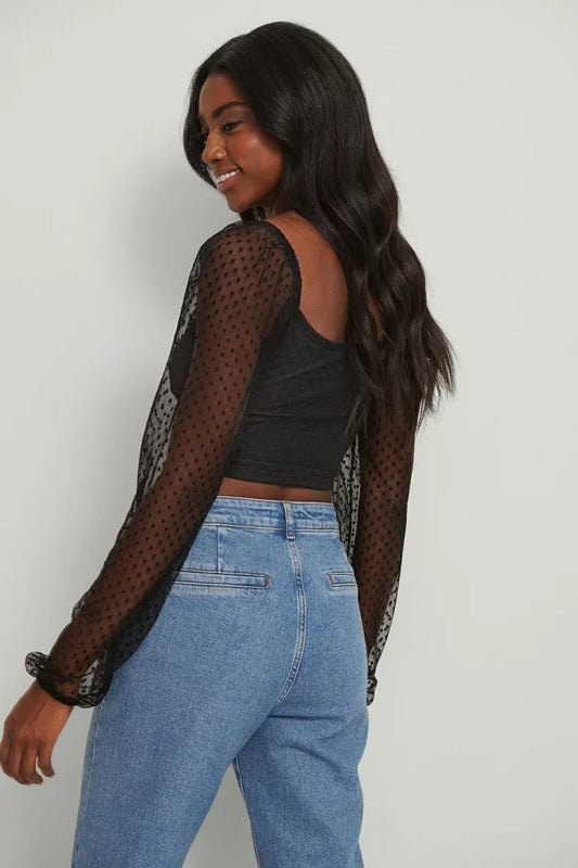 Swiss Dot Drawstring Mesh Top Black