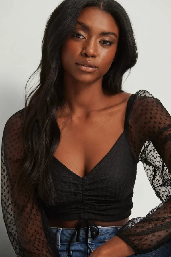 Swiss Dot Drawstring Mesh Top Black