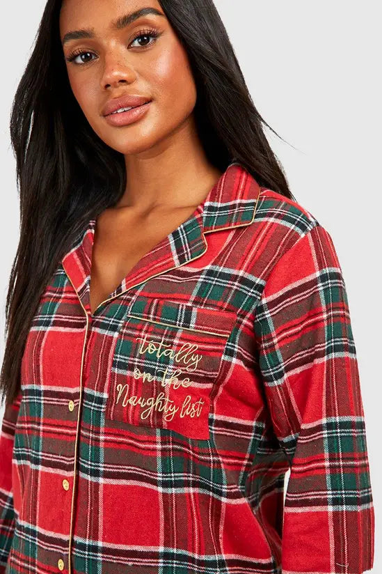 boohoo Christmas Naughty List Embroidered Flannel Night Shirt