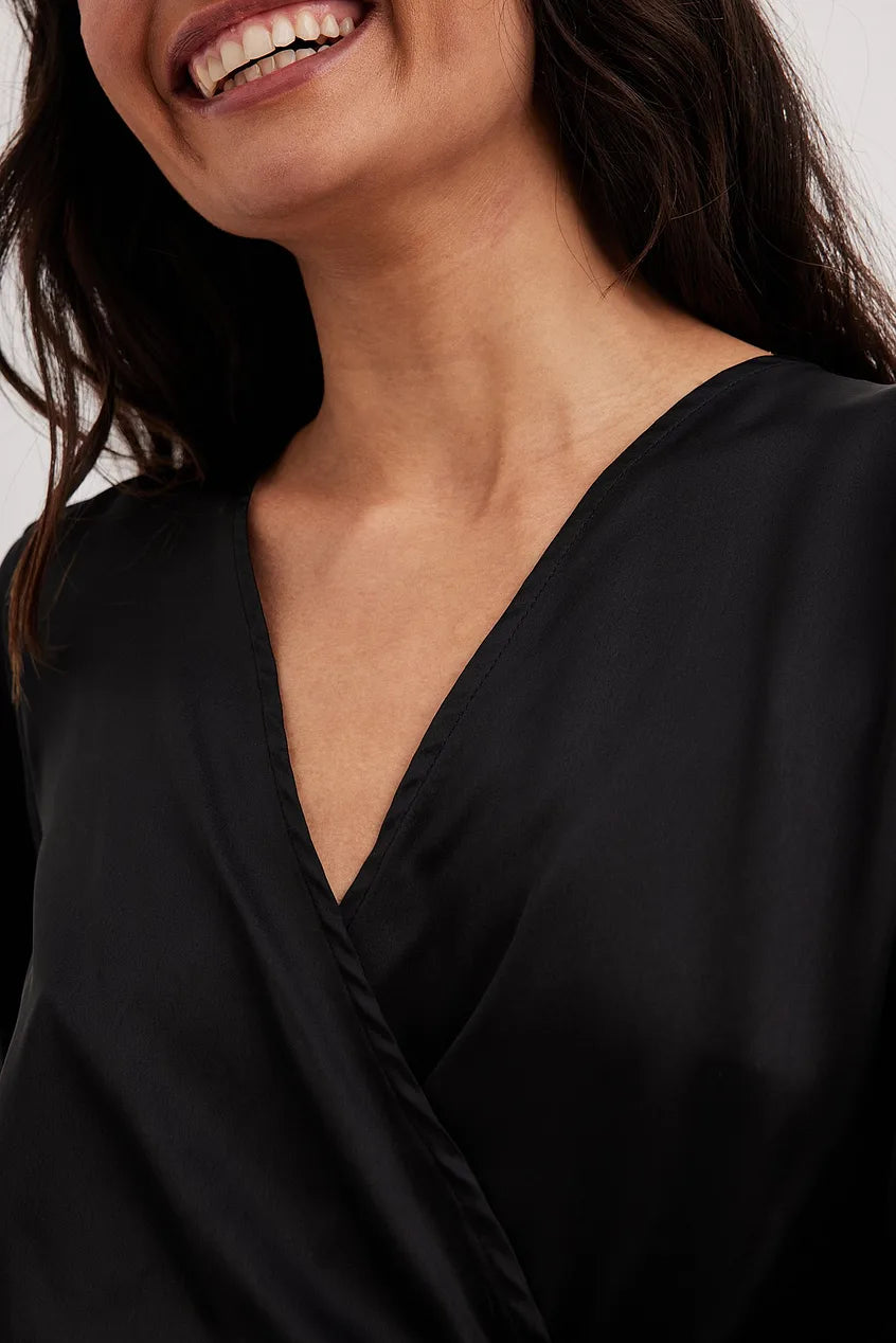 Overlap LS Satin Blouse Black