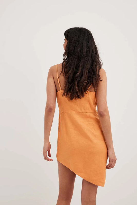 Overlap Waterfall Linen Dress Orange