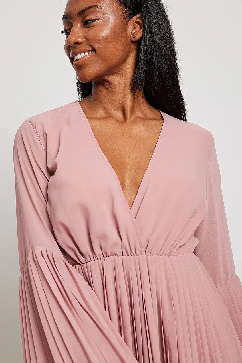 Pleated V-neck Mini Dress Pink