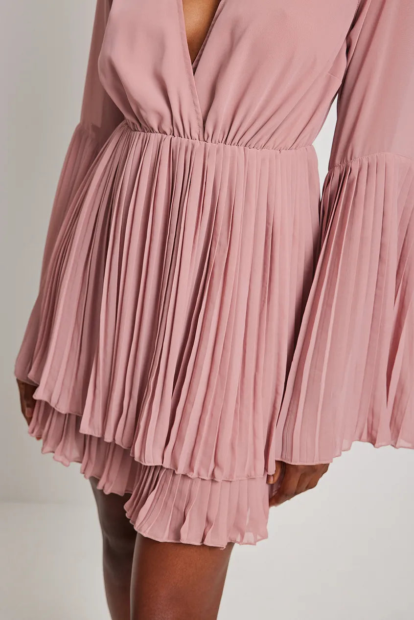 Pleated V-neck Mini Dress Pink