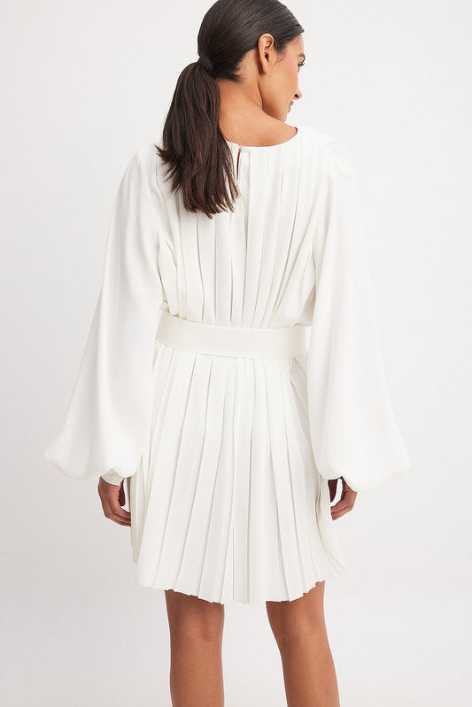 Pleated Woven Balloon Sleeve Mini Dress