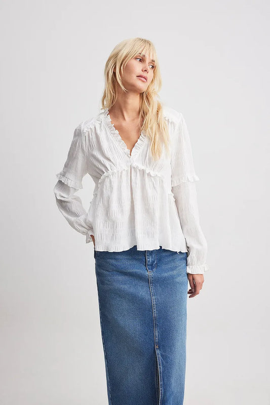 Structured LS Frill Blouse White
