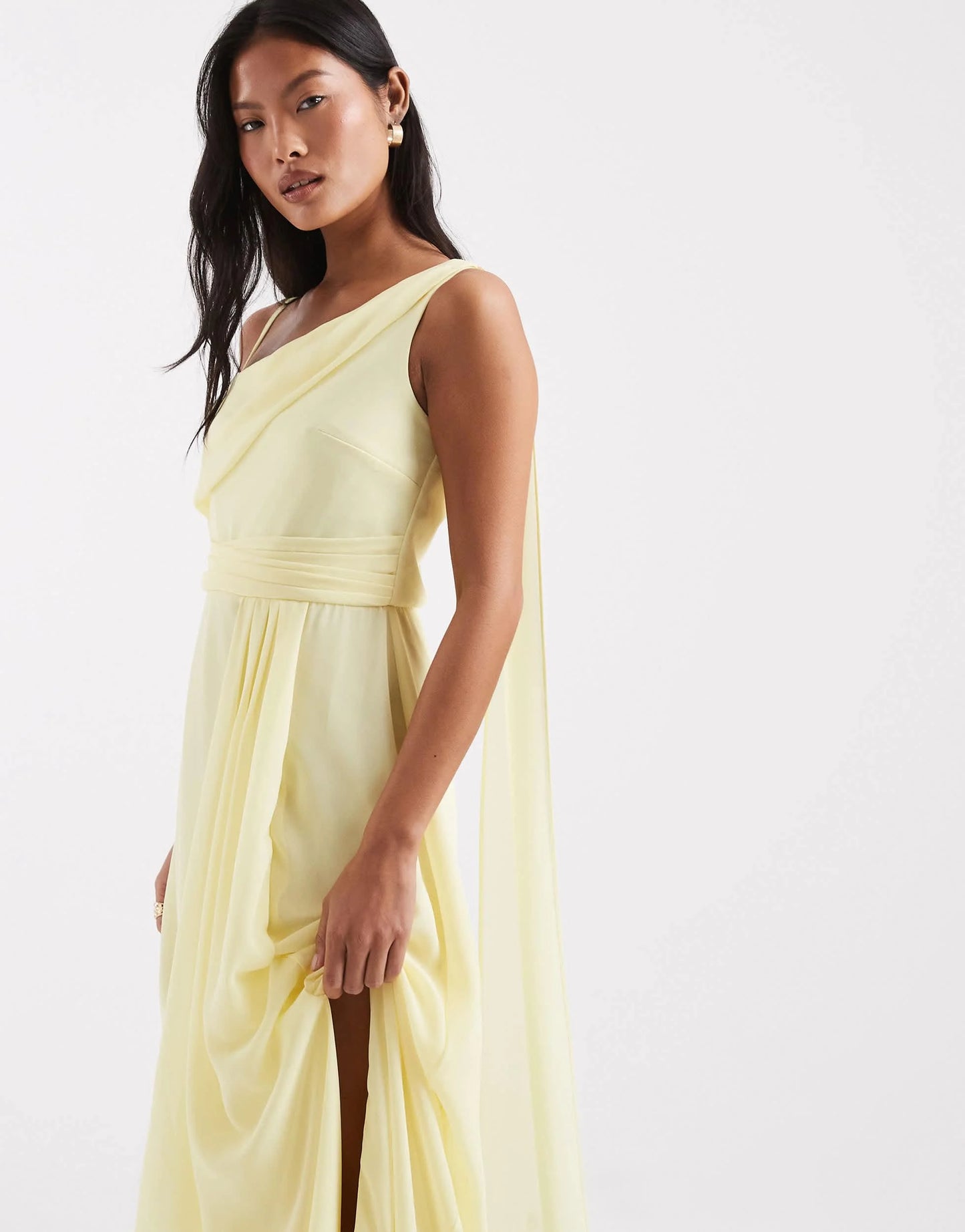 TFNC Petite bridesmaids chiffon fallen shoulder maxi dress in yellow