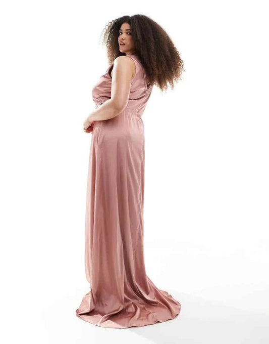 TFNC Plus Bridesmaid satin maxi dress with scalloped lace detail in dusky pink