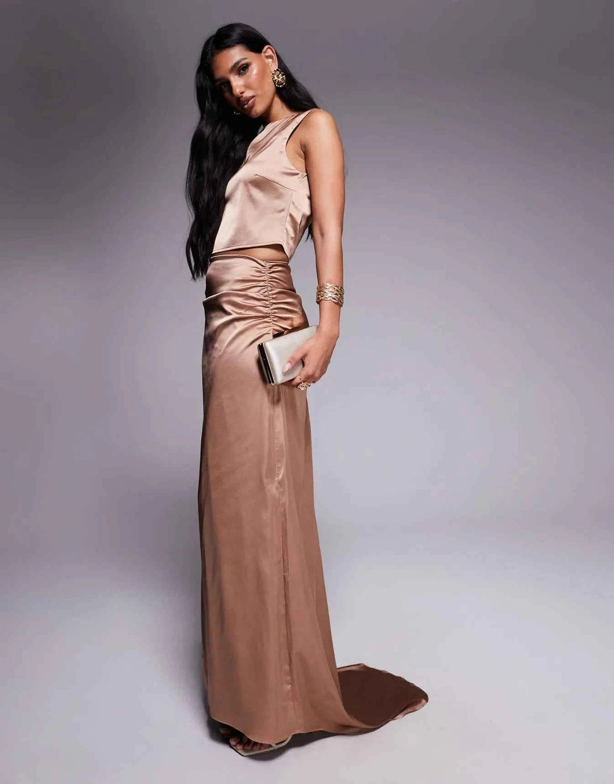TFNC satin train maxi skirt co-ord in mocha