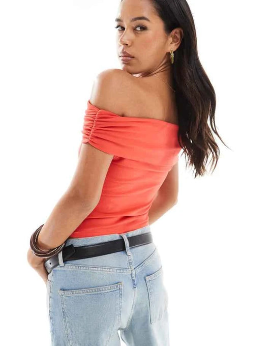 The Frolic exclusive foldover bardot top with heart hardware detail in red