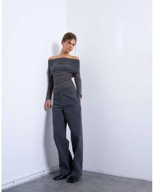 Topshop mesh bardot fold over long sleeve top in grey