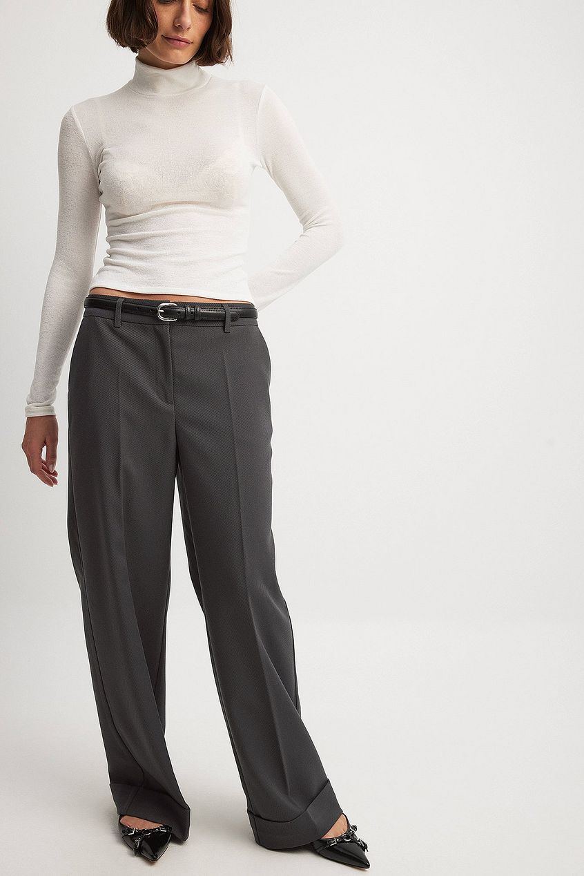 Straight Mid Waist Fold Up Pants
