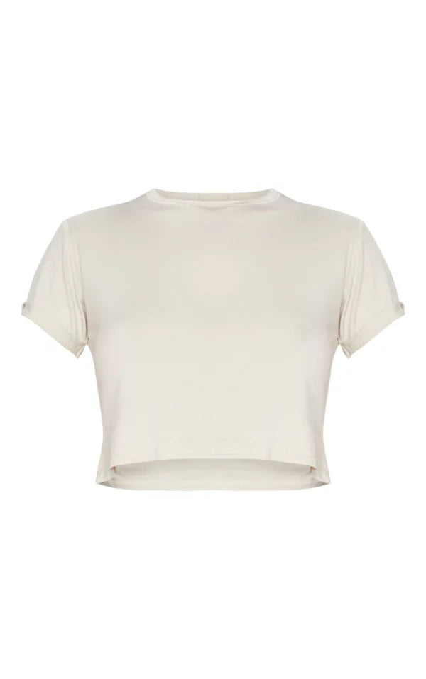 Basic Stone Roll Sleeve Crop T Shirt