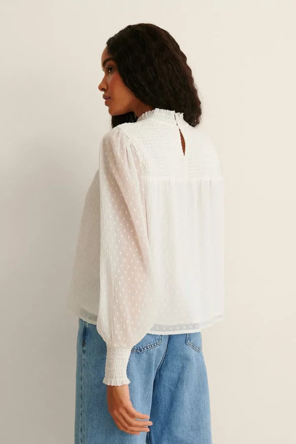 Dobby Smocked Frill Neck Blouse White