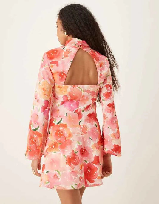 YAS high neck cut out satin mini dress in floral print