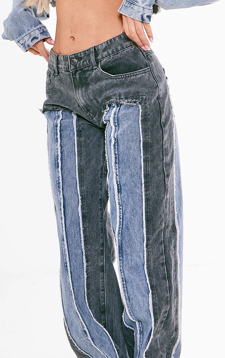 Washed Grey Double Layered Denim Straight Leg Jeans