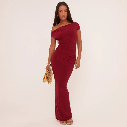 Asymmetric One Shoulder Ruched Detail Maxi Dress In Wine Slinky