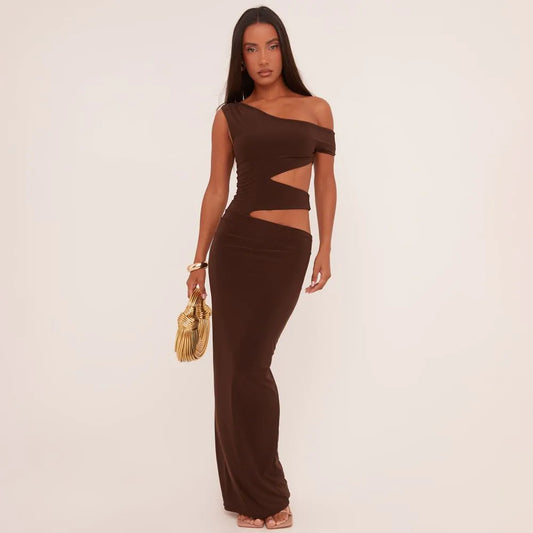 Ego - Asymmetric One Shoulder Cut Out Maxi Dress In Chocolate Brown Slinky
