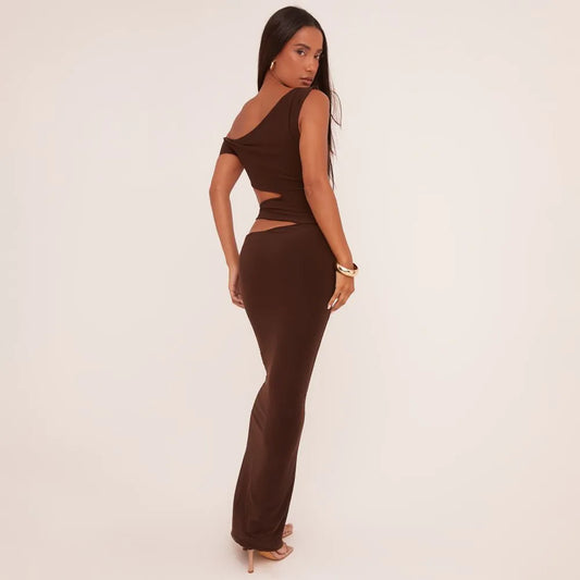 Ego - Asymmetric One Shoulder Cut Out Maxi Dress In Chocolate Brown Slinky