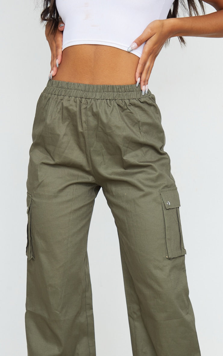 Khaki Wide Leg High Waisted Cargo Pants