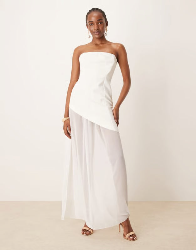 ASOS DESIGN structured bandeau maxi dress with chiffon thigh split skirt in ivory