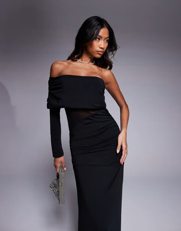 ASOS DESIGN asymmetric one shoulder maxi dress with mesh cut out in black