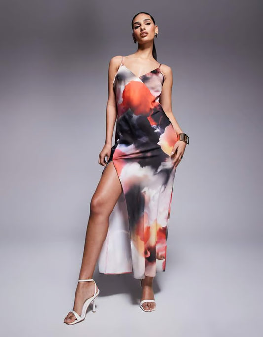 ASOS DESIGN satin v neck seam detail split midaxi dress in dark abstract print