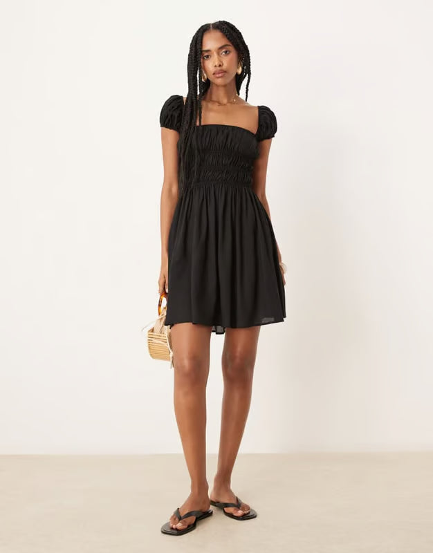 ASOS DESIGN square neck mini dress with cinched channel waist in black